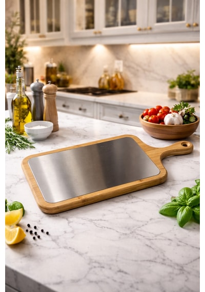 Makri Home Metal Yüzeyli Bambu Kesme Tahtası Çift Taraflı Paslanmaz Ve Doğal Ahşap Sunum Ve Doğrama Tahtası Ahşap