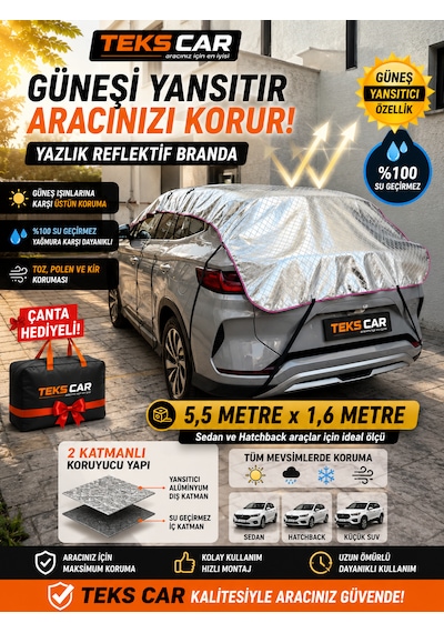 Oto Yarım Araba Brandası Güneş Koruyucu Uv Koruma Isı Yalıtım Oto Güneş Koruma Brandası Premium 1,6 Metre X 5,5 Metre