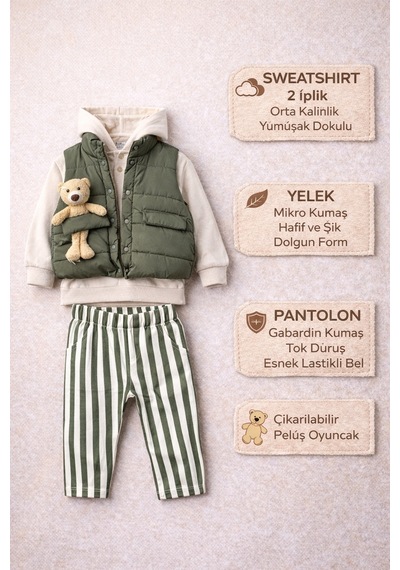 Harika Kids Erkek Bebek 3 Lü Takım 9-24 Ay Şişme Yelek %100 Pamuk Sweatshirt Gabardin Pantolon Yeşil