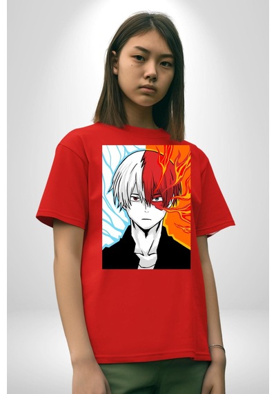 My Hero Academia Boku Anime Pamuklu Bisiklet Yaka Unisex Oversize Boyfriend Dijital Baskılı Kırmızı T-shirt Kırmızı