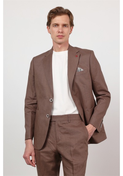İmza Kahverengi Mono Yaka Keten 6 Drop Slim Fit Yarım Astar %100 Keten Takım Elbise 1001260164 Sütlü Kahverengi