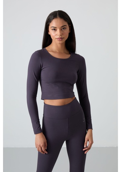 Tommylife Antrasit Yüksek Bel Uzun Kollu Slim Fit Crop Top Kadın Tayt Takım - 95286