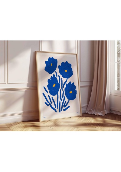 Mavi Çiçekli Poster, Modern Minimalist Duvar Sanatı Baskısı, Cesur Soyut Çiçek Tablosu, Çağdaş Ev Dekorasyonu, Oturma Odası İçin Sanat Eseri