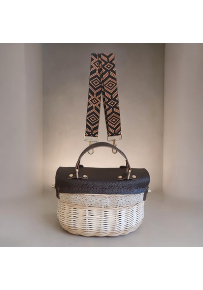 Handanrattan Dantel Detaylı Özel Tasarım Rattan Omuz Çantası - Kahverengi Deri Kapaklı Vintage Model Kahve