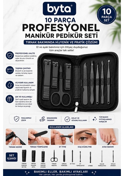 10 Parça Profesyonel Manikür Pedikür Seti Çantalı Tırnak Bakım, Kesme, Törpüleme Ve Temizleme Seti