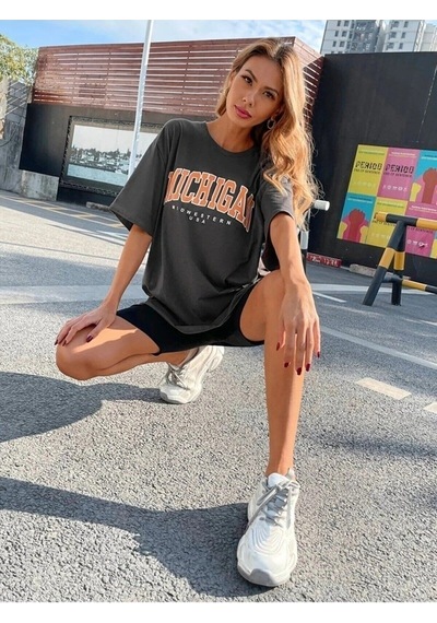 Flood Of Style Kadın Füme Oversize Michigan Baskılı T-shirt Gri