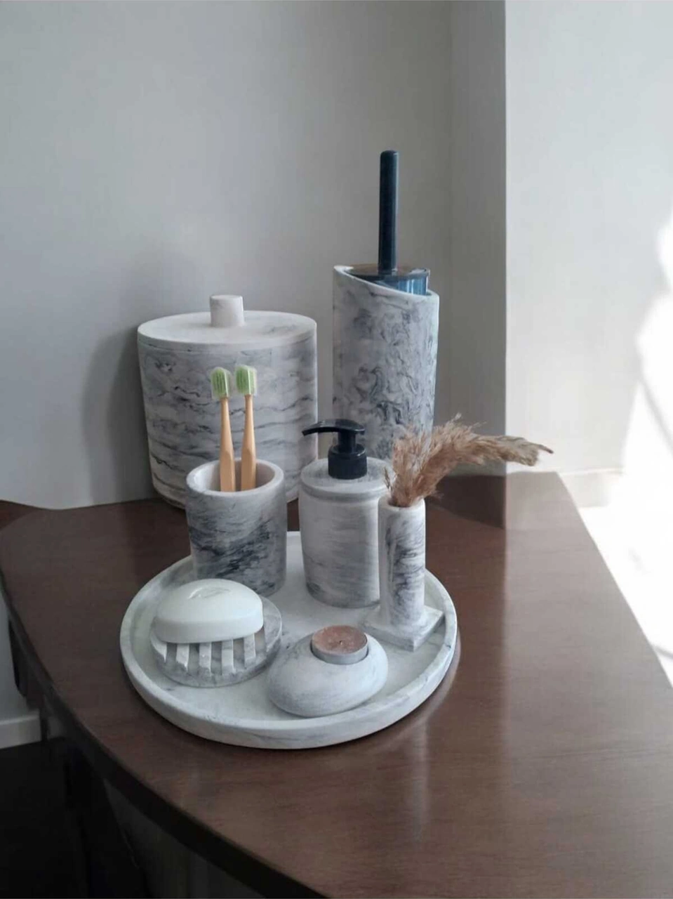 Marble Beton Banyo Seti,çöp Kovasi,tuvalet Wc,sabunluk,diş Fırçalık,mumluk,tepsi,aksesuar,dekorasyon Gri