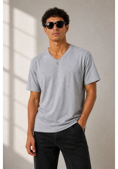 Vexor Erkek V Yaka Basic Tişört Kısa Kol Yazlık Regular Fit T-shirt - Gri Çok Renkli