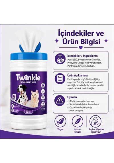 Twinkle Kedi Köpek Islak Mendil 50 Adet - Pati Tüy Kulak Ve Göz Çevresi Temizliği - Alkolsüz Parabensiz Hijyenik Mendil