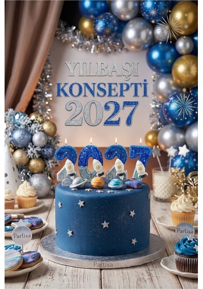 2027 Yılbaşı Özel Roket Figürlü Simli Mavi-gümüş Rakam Pasta Mumu Seti Saremset