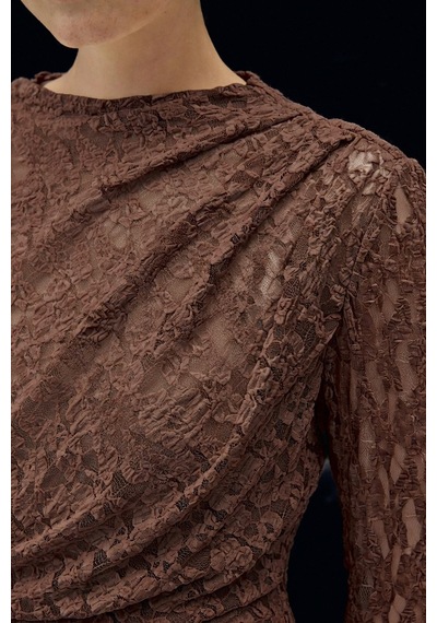 Sateen Dantel Elbise - Kahve-137078 Kahve