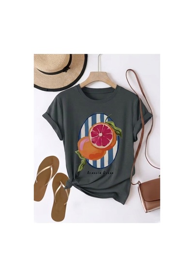 Kadın İtalyan Esintili Portakal Baskılı Comfort T-shirt Gri
