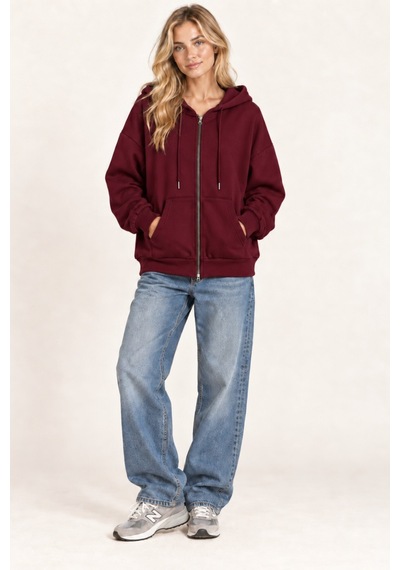 Cool Tarz Unisex Oversize Fermuarlı Kapüşonlu Sweatshirt 3 İplik Şardonlu Bordo Bordo