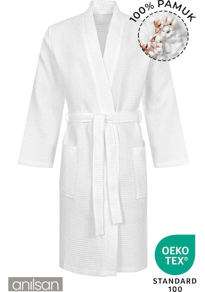 %100 Pamuk Pike Bornoz - Kimono Otel Bornozu, Spa Için Ideal, Günlük Kullanıma Uygun Beyaz