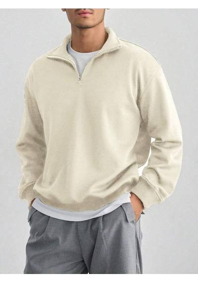Altamira Erkek Bej Yarım Fermuarlı Oversize Polo Yaka Sweatshirt 001
