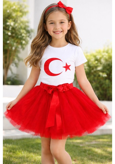 Kız Çocuk 23 Nisan Gösteri Kıyafeti Ay-yıldız Kısa Kol Beyaz T-shirt Ve Tütü Etek Takım