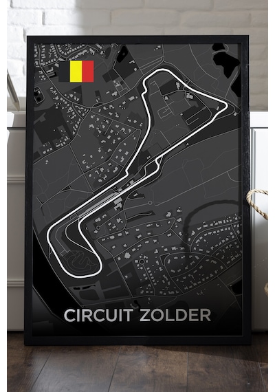 Circuit Zolder Pist Haritası Siyah Ahşap Çerçeveli Poster, Dekoratif Harita Duvar Tablosu
