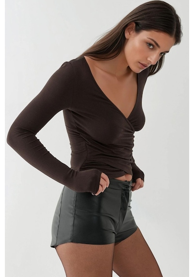 Hiccup Yumuşak Dokulu Slim Fit V Yaka Uzun Kollu Üst Koyu Mocha Kahve
