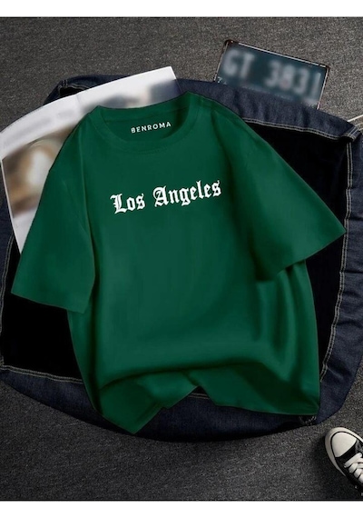 Oversıze Los Angeles Baskılı Unısex Tisort Baskılı Yeşil