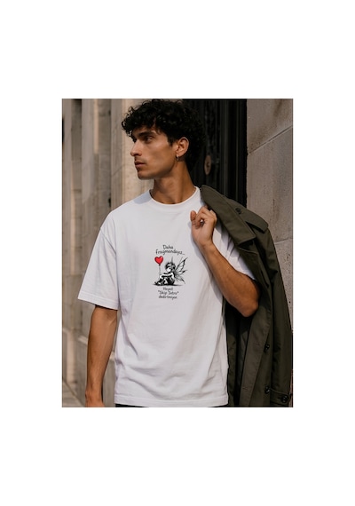Qmen Style Unisex Beyaz Oversize Baskılı T-shirt Espirili Fragman Baskılı %100 Pamuk