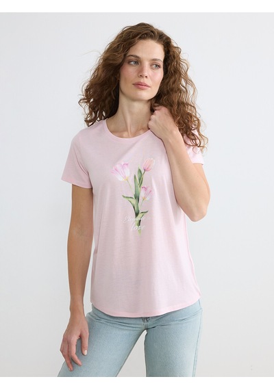 Lcw Everyday Pembe Bisiklet Yaka Çiçek Baskılı Kadın Tişört