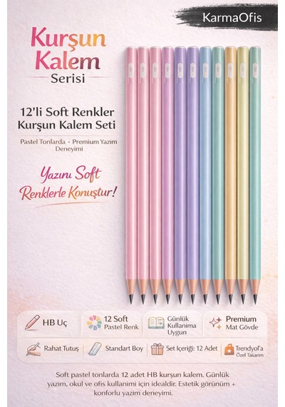12 Li Soft Pastel Kurşun Kalem Seti Hb Uç, Premium Mat Gövde, Ofis & Okul İçin Renkli Kalem Soft 12li