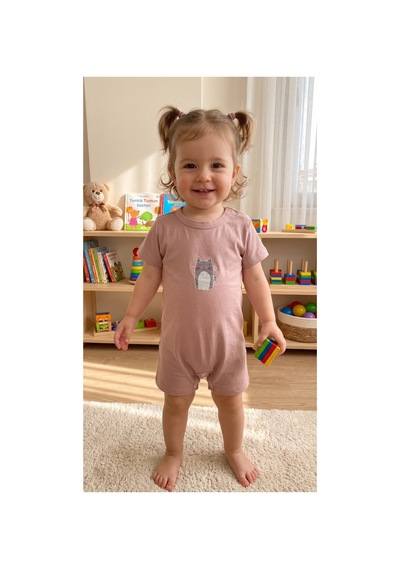 Fuar Baby Miniklere Özel Kız & Erkek Bebek Pamuklu Kısa Paça Tulum Kedi Desenli