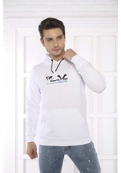 Escetic Spor Erkek Beyaz Cepli, Kapüşonlu Sweatshirt-4178
