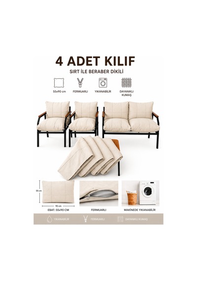Balkon Bahçe Takımı Minder Kılıfı 4 Lü Set Krem 55x90 Cm Fermuarlı Yıkanabilir
