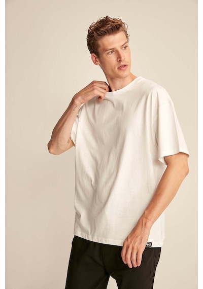 Grımelange Jett Erkek Oversize Fit %100 Organik Pamuk Kalın Dokulu Bisiklet Yakalı Beyaz T-shirt
