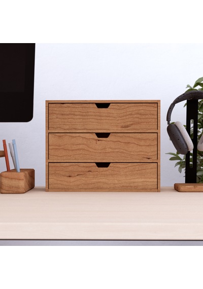 Desna Üç Katlı Üç Çekmeceli Dolap - Kiraz 34 Cm Uzunluk X 12.1 Cm Derinlik X 27.2 Cm Woodsaka Doğal Ahşap