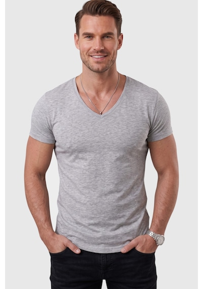 Rizzup Gri Erkek Slim Fit Derin V Yaka Basic Tişört %90 Pamuk Likralı Asimetrik Kesim 2602265