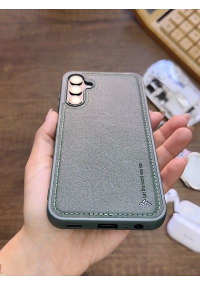 Samsung Galaxy A25 Uyumlu Premium Deri Dokulu Darbelere Karşı Dayanıklı Nazal Silikon Kılıf Haki