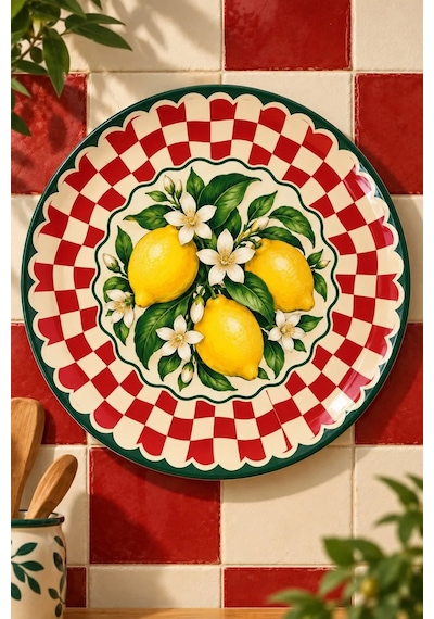 Dekoratif Duvar Tabağı Limonlu Retro Esintiler Dekorlu Seramik Tabak Turuncu