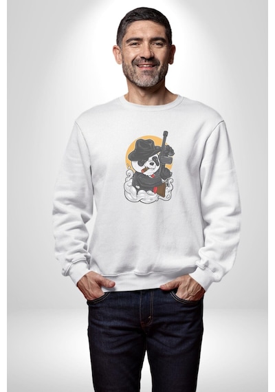 Gangster Panda Unisex Beyaz Baskılı Sweatshirt Beyaz