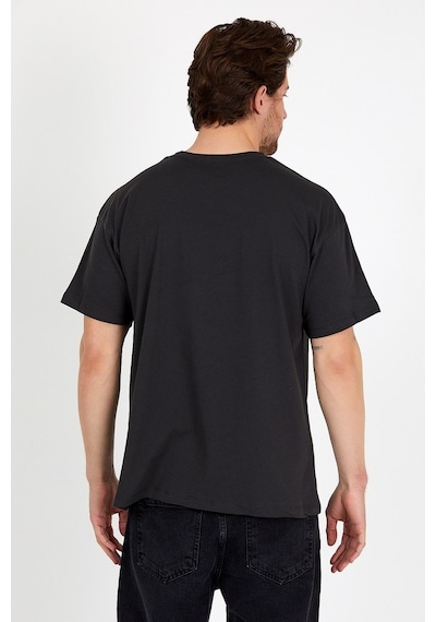 Unisex Füme Baskılı Bisiklet Yaka Oversize T-Shirt-Füme