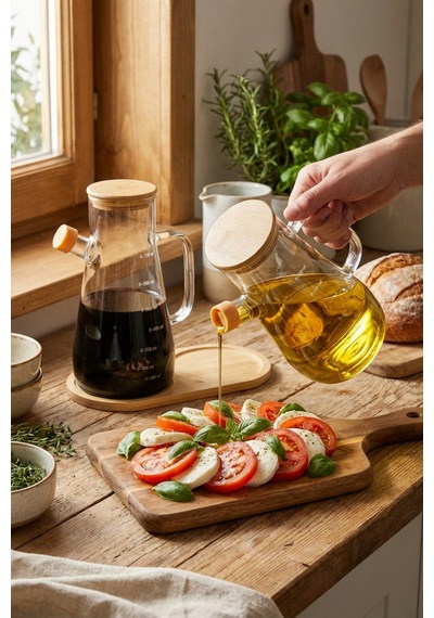 Makri Home 2'li 900 Ml Bambu Kapaklı Ve Altlıklı Borosilikat Cam Yağdanlık, Isıya Dayanıklı, Yağ/sirke/sosluk Sarı