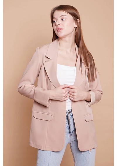 Yakalı Kolu Katlamalı Cep Kapaklı Salaş Boyfriend Oversize Hafif Likralı Kumaş Blazer Ceket -bej Bej Yakalı Kolu Katlamalı Cep Kapaklı Salaş Boyfriend Oversize Hafif Likralı Kumaş Blazer Ceket -bej Bej