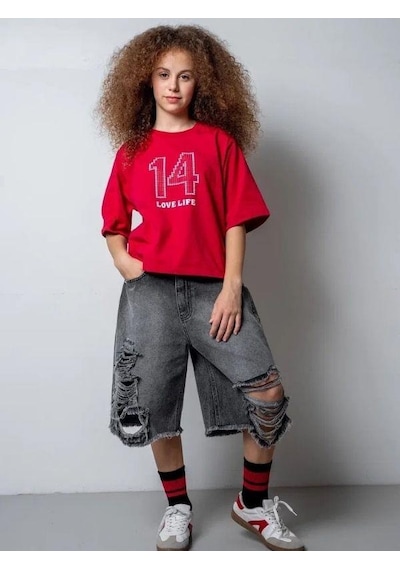 Zekids Kız Çocuk 14 Lıfe Yazılı Pamuklu Tshirt-15795 Kırmızı