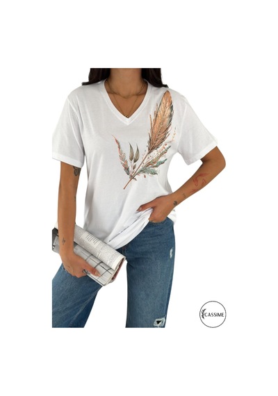 Cassime Kadın Büyük Beden Omzu Yaprak Pul Payet Nakışlı Tişört Xl-2xl-3xl Beyaz
