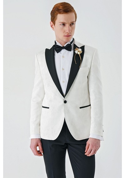 İmza Açık Krem Çıkarılabilir Kırlangıç Yaka Likralı 6 Drop Slim Fit Smokin Damatlık 1001240204-Açık Krem