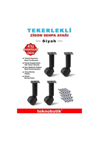 15cm Çap32mm 4 Adet Metal Gövdeli Plastik Tekerlekli Sehpa Ayağı Siyah