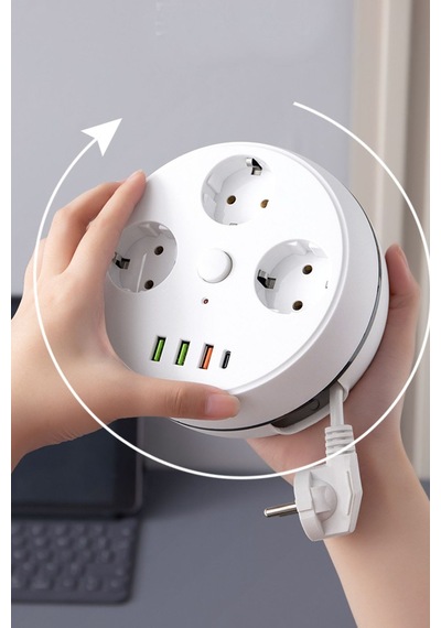 7in1 Makaralı Grup Priz 1.5m Kablo 3 Usb-a 1 Usb-c Akım Korumalı Hızlı Şarj 1