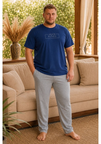 Nisanca Büyük Beden %100 Pamuk Erkek Pijama Takımı 3xl-6xl Rahat Kalıp Kısa Kollu Ev Giyim İndigo