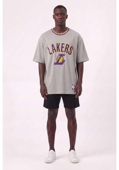 Blow Up Lakers Yazılı Gri Oversize Erkek T-shirt 11213 SİYAH