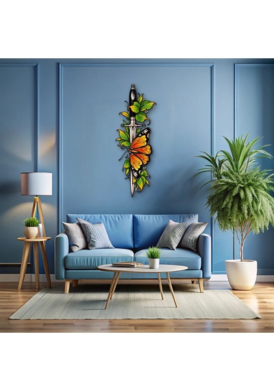 Antik Bıçak, Yapraklar Ve Kelebek - Metal Tablo - Dec0269 27 X 75 Cm Çok Renkli