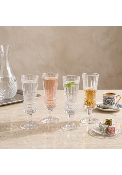 4'lü Kesim Ayaklı Cam Kadeh Seti - 120 Ml Türk Kahvesi Yanı Su, Şerbet Ve Likör Bardağı, Lüks Sunum Kadehi 124-Pembe