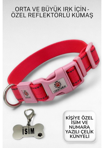 Caramelos Reflektörlü Köpek Tasması, Kişiye Özel Köpek Tasması. Büyük Ive Orta Irk Köpek Tasması Pmb Pembe