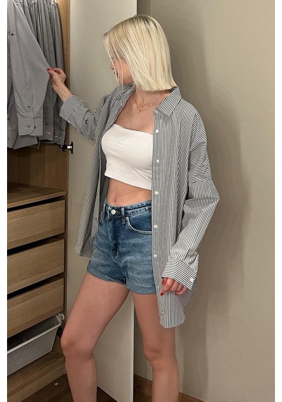 Madmext Siyah Çizgili Over Fit Gömlek Mg1525 Siyah