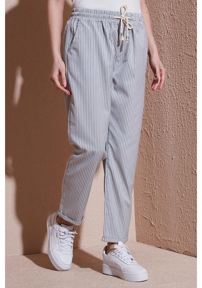 Fashion Friends Rahat Lastikli Çizgili Pantolon Gri